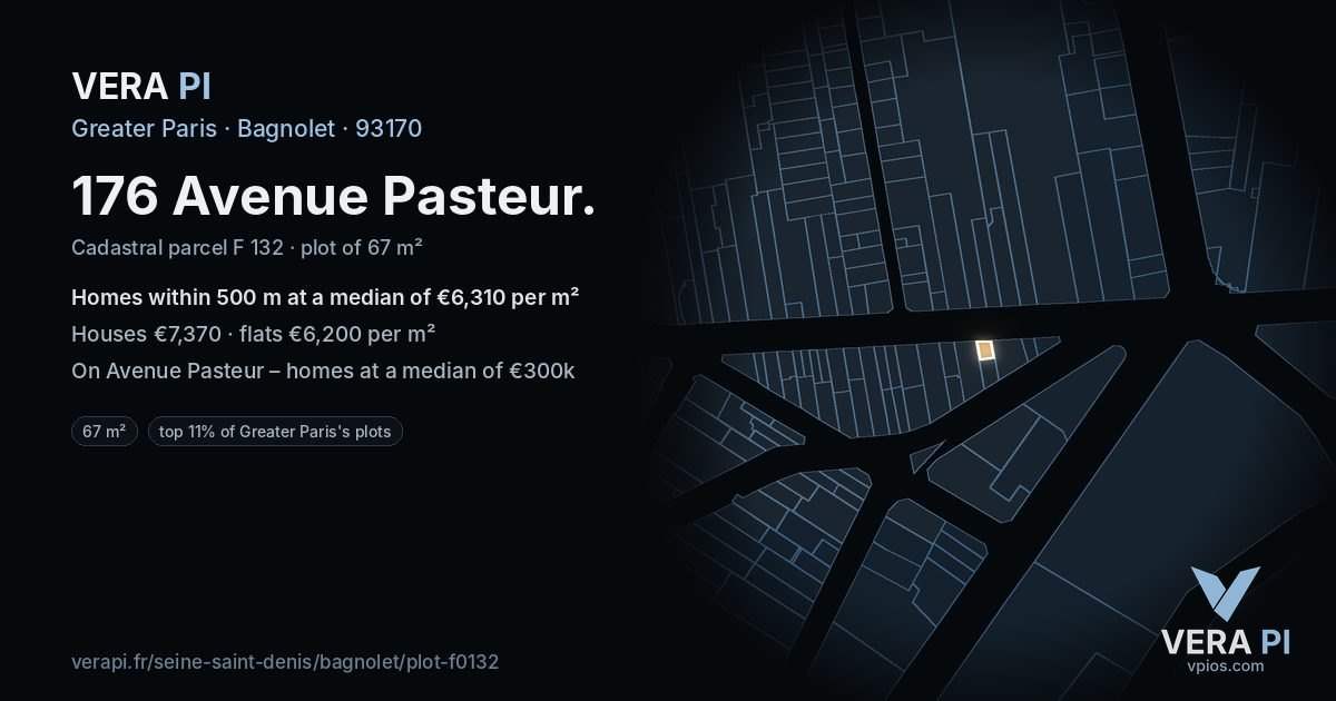 176 Avenue Pasteur, Bagnolet at night – the plot lit, the parcels around coloured by the prices near them