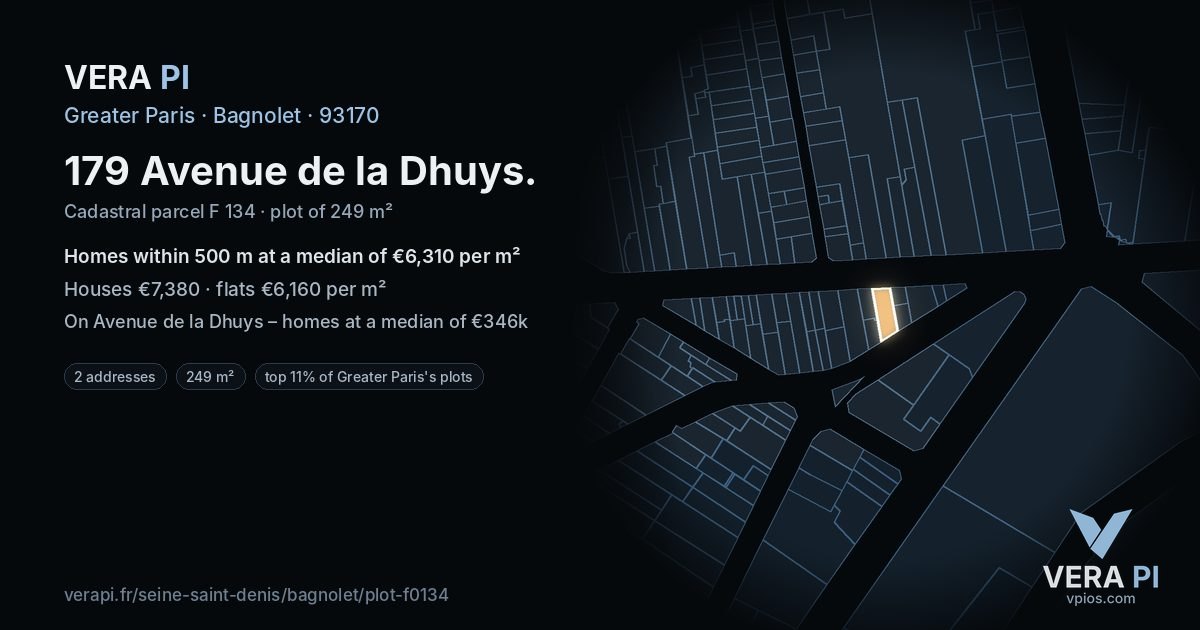 179 Avenue de la Dhuys, Bagnolet at night – the plot lit, the parcels around coloured by the prices near them