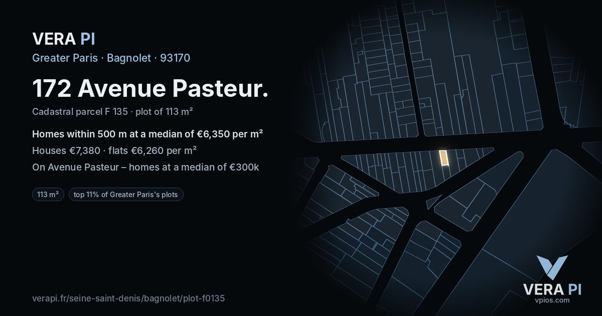 172 Avenue Pasteur, Bagnolet at night – the plot lit, the parcels around coloured by the prices near them