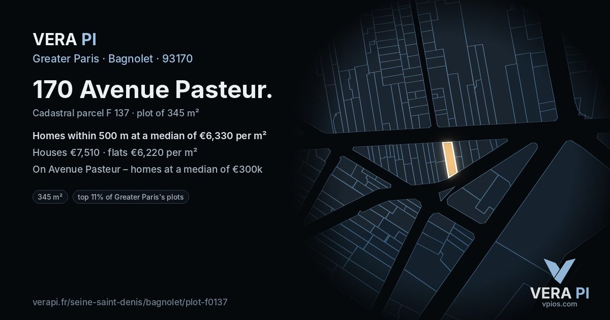 170 Avenue Pasteur, Bagnolet at night – the plot lit, the parcels around coloured by the prices near them