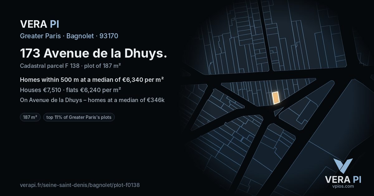 173 Avenue de la Dhuys, Bagnolet at night – the plot lit, the parcels around coloured by the prices near them