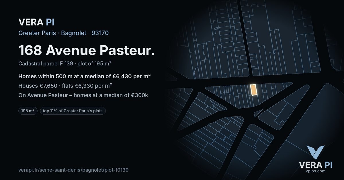 168 Avenue Pasteur, Bagnolet at night – the plot lit, the parcels around coloured by the prices near them