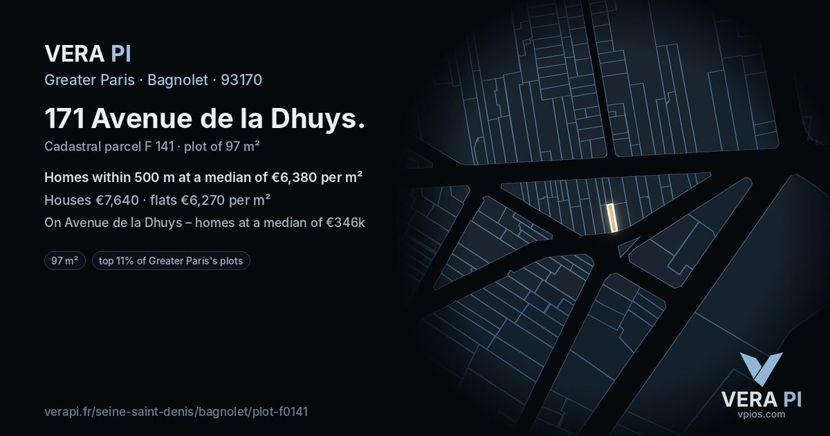 171 Avenue de la Dhuys, Bagnolet at night – the plot lit, the parcels around coloured by the prices near them