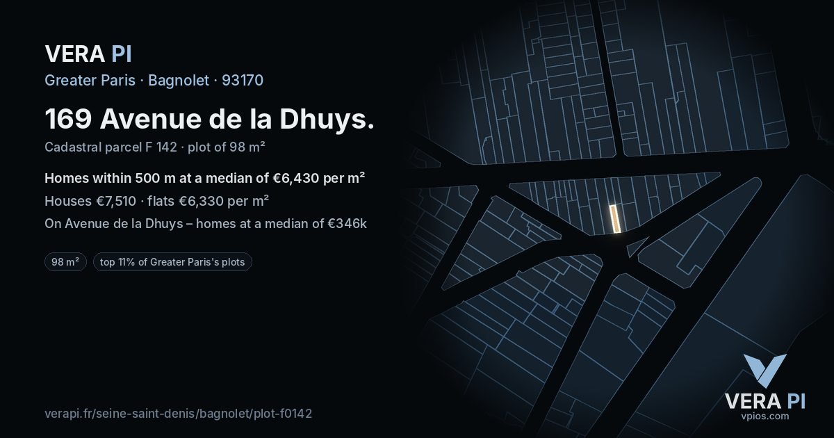 169 Avenue de la Dhuys, Bagnolet at night – the plot lit, the parcels around coloured by the prices near them