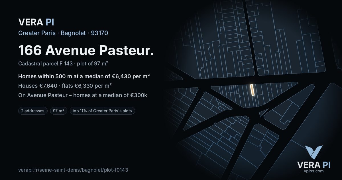 166 Avenue Pasteur, Bagnolet at night – the plot lit, the parcels around coloured by the prices near them