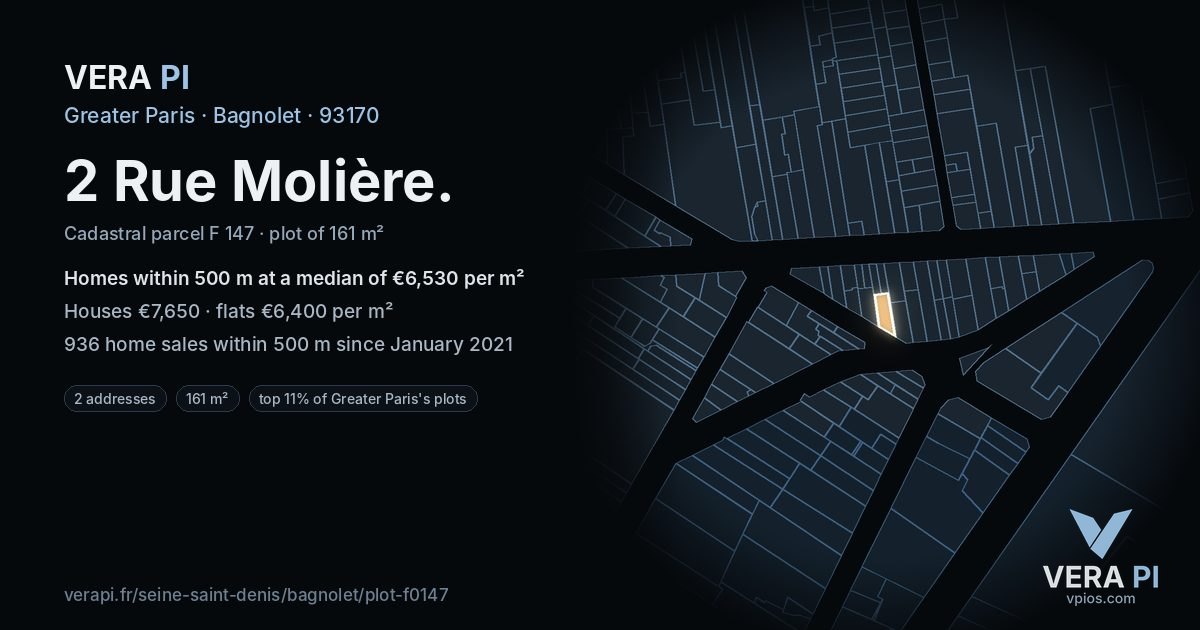 2 Rue Molière, Bagnolet at night – the plot lit, the parcels around coloured by the prices near them