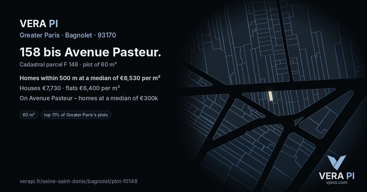 158 bis Avenue Pasteur, Bagnolet at night – the plot lit, the parcels around coloured by the prices near them