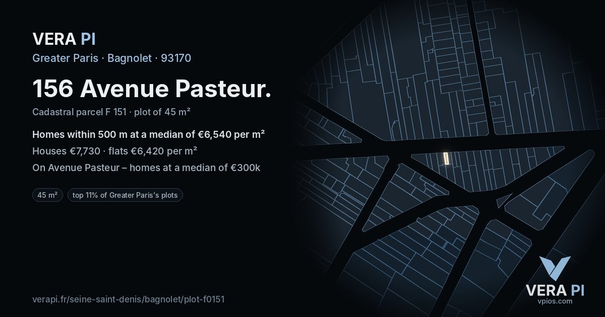 156 Avenue Pasteur, Bagnolet at night – the plot lit, the parcels around coloured by the prices near them