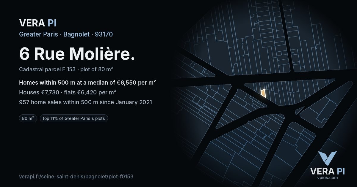 6 Rue Molière, Bagnolet at night – the plot lit, the parcels around coloured by the prices near them