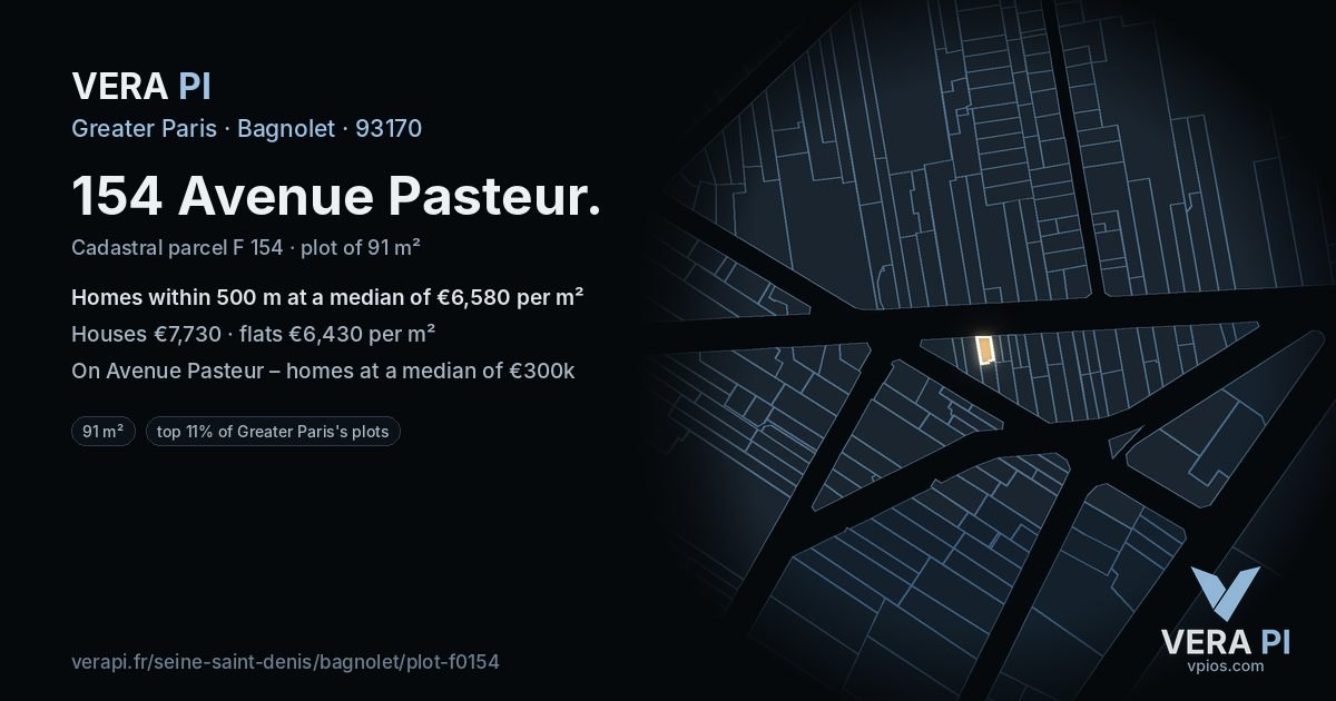 154 Avenue Pasteur, Bagnolet at night – the plot lit, the parcels around coloured by the prices near them