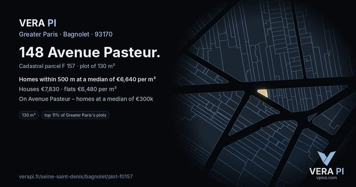 148 Avenue Pasteur, Bagnolet at night – the plot lit, the parcels around coloured by the prices near them