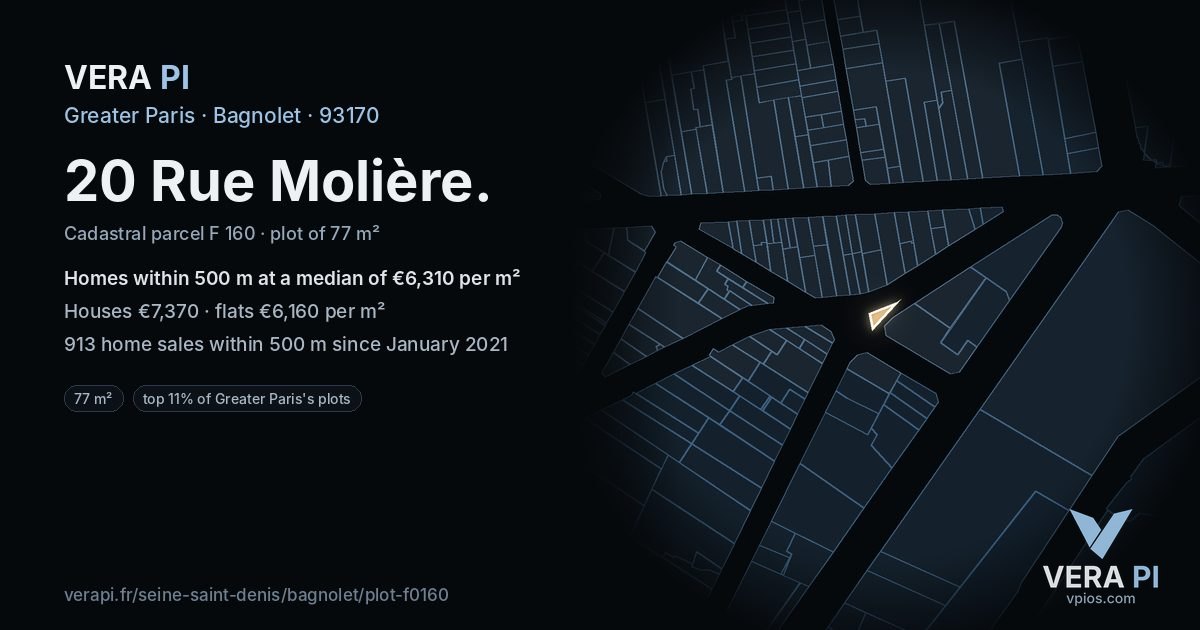 20 Rue Molière, Bagnolet at night – the plot lit, the parcels around coloured by the prices near them