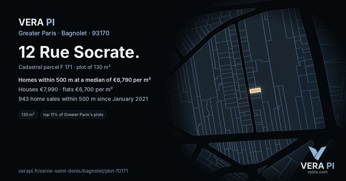 12 Rue Socrate, Bagnolet at night – the plot lit, the parcels around coloured by the prices near them