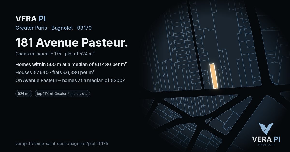 181 Avenue Pasteur, Bagnolet at night – the plot lit, the parcels around coloured by the prices near them