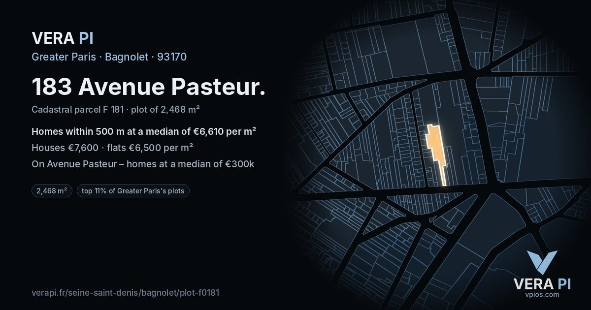 183 Avenue Pasteur, Bagnolet at night – the plot lit, the parcels around coloured by the prices near them