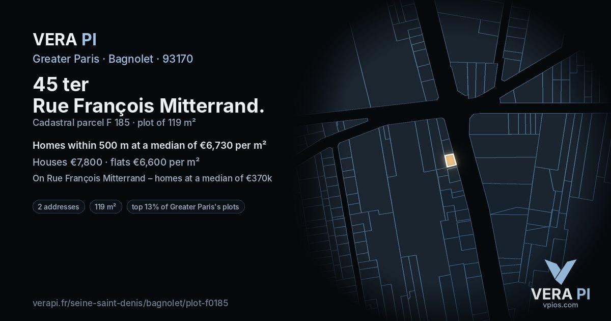45 ter Rue François Mitterrand, Bagnolet at night – the plot lit, the parcels around coloured by the prices near them