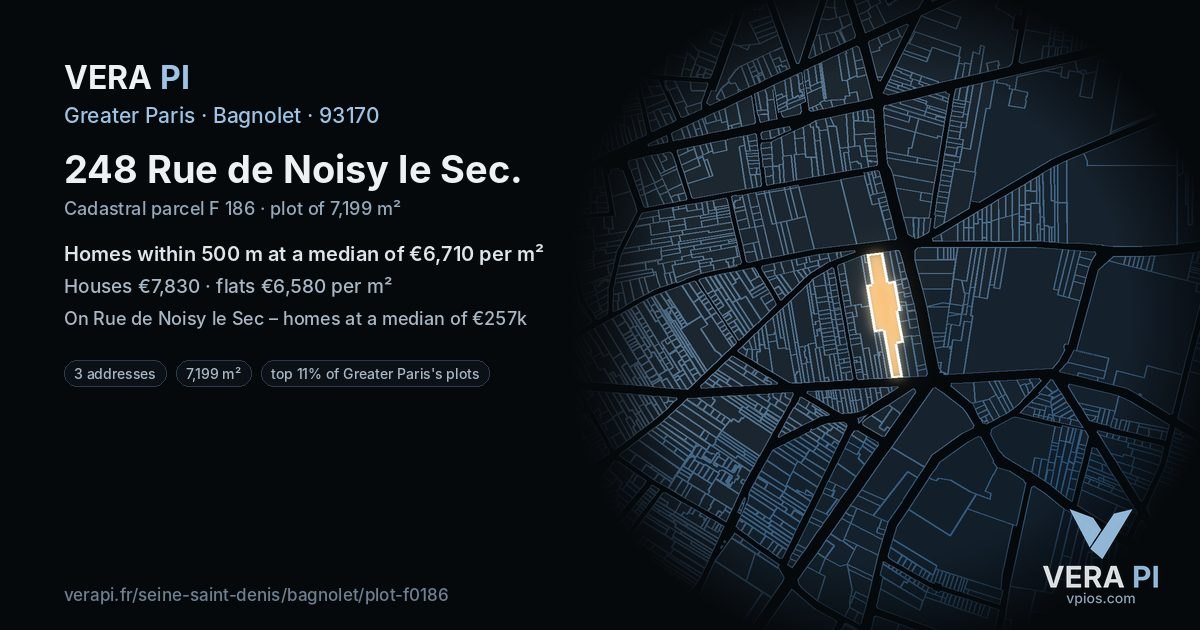 248 Rue de Noisy le Sec, Bagnolet at night – the plot lit, the parcels around coloured by the prices near them