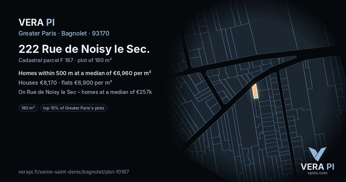 222 Rue de Noisy le Sec, Bagnolet at night – the plot lit, the parcels around coloured by the prices near them