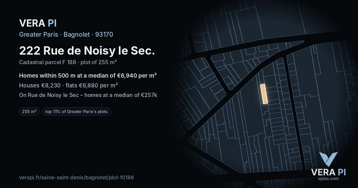222 Rue de Noisy le Sec, Bagnolet at night – the plot lit, the parcels around coloured by the prices near them