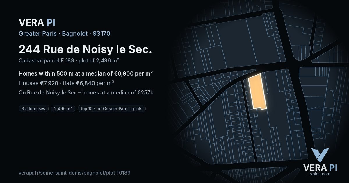 244 Rue de Noisy le Sec, Bagnolet at night – the plot lit, the parcels around coloured by the prices near them