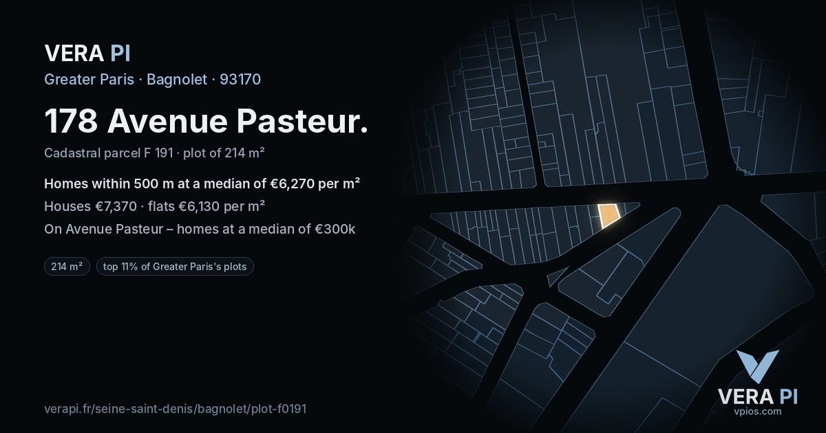178 Avenue Pasteur, Bagnolet at night – the plot lit, the parcels around coloured by the prices near them