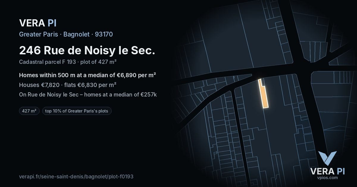 246 Rue de Noisy le Sec, Bagnolet at night – the plot lit, the parcels around coloured by the prices near them