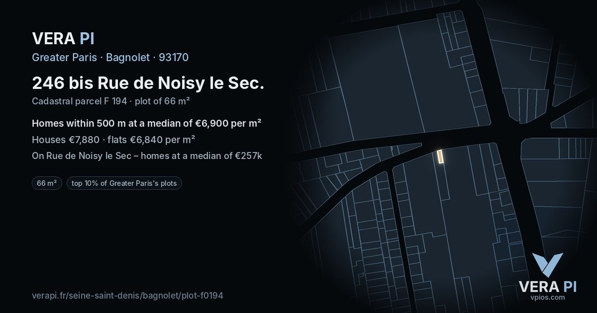 246 bis Rue de Noisy le Sec, Bagnolet at night – the plot lit, the parcels around coloured by the prices near them