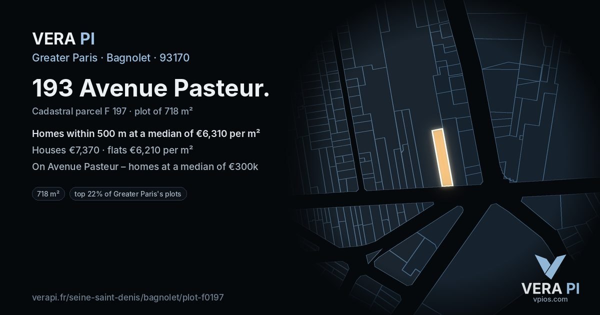 193 Avenue Pasteur, Bagnolet at night – the plot lit, the parcels around coloured by the prices near them