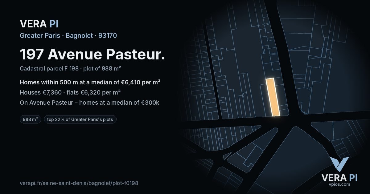 197 Avenue Pasteur, Bagnolet at night – the plot lit, the parcels around coloured by the prices near them