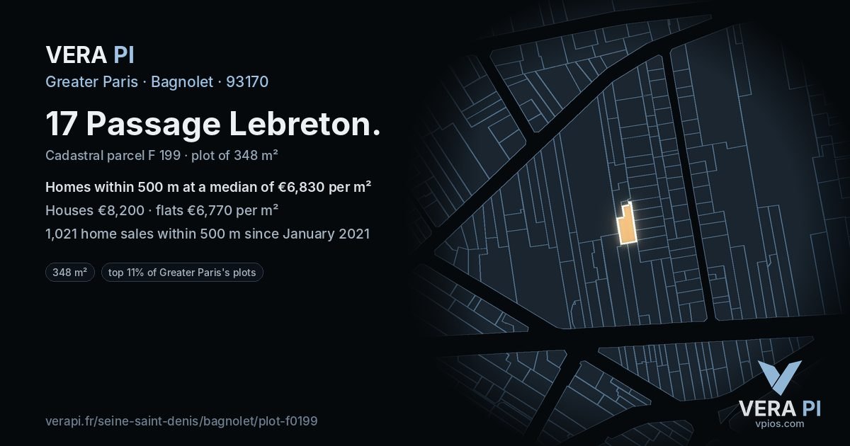 17 Passage Lebreton, Bagnolet at night – the plot lit, the parcels around coloured by the prices near them