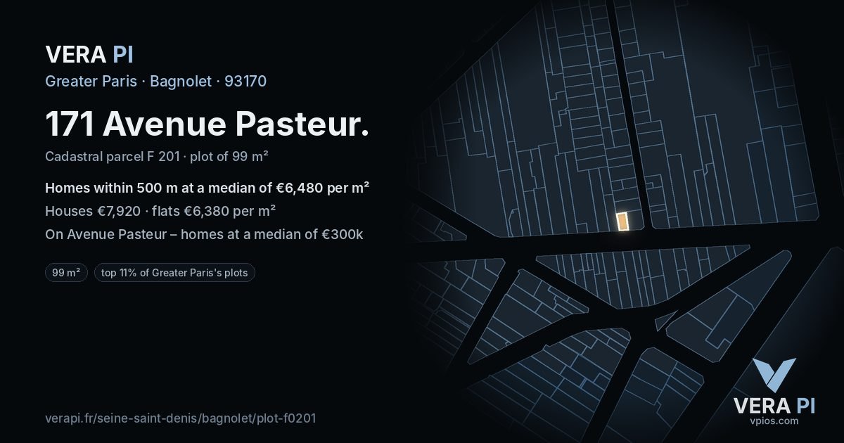 171 Avenue Pasteur, Bagnolet at night – the plot lit, the parcels around coloured by the prices near them
