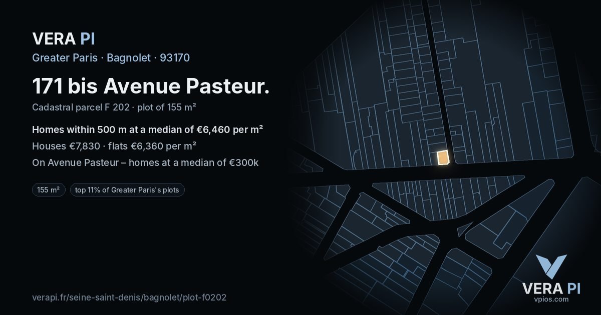 171 bis Avenue Pasteur, Bagnolet at night – the plot lit, the parcels around coloured by the prices near them