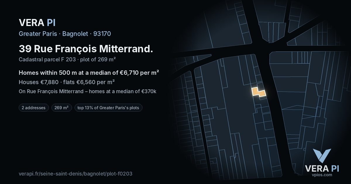 39 Rue François Mitterrand, Bagnolet at night – the plot lit, the parcels around coloured by the prices near them