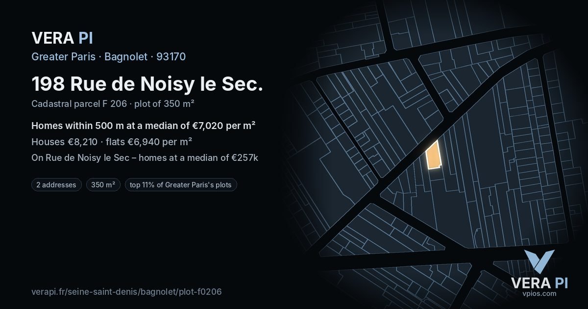 198 Rue de Noisy le Sec, Bagnolet at night – the plot lit, the parcels around coloured by the prices near them