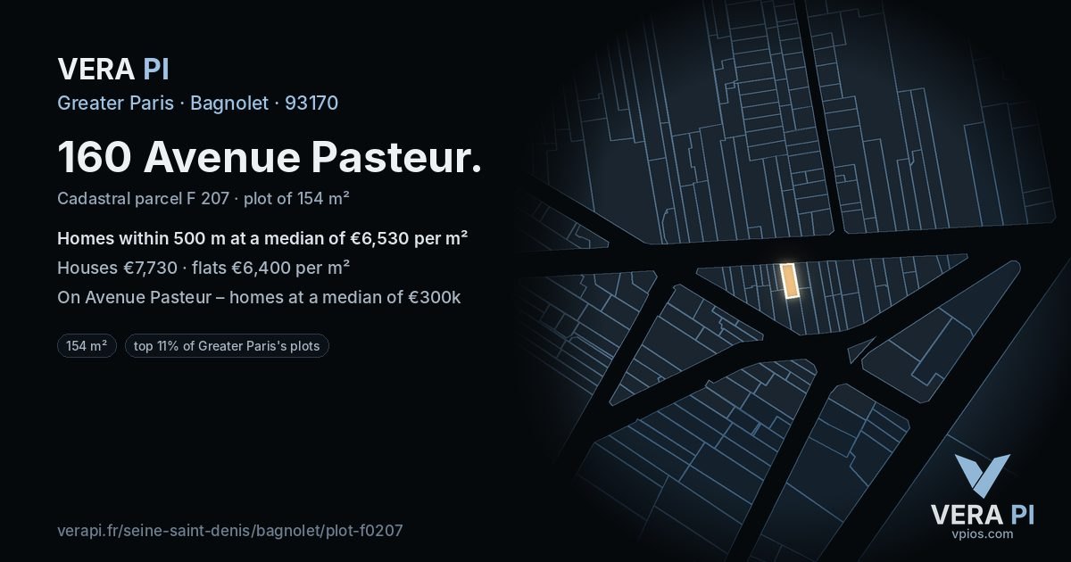 160 Avenue Pasteur, Bagnolet at night – the plot lit, the parcels around coloured by the prices near them