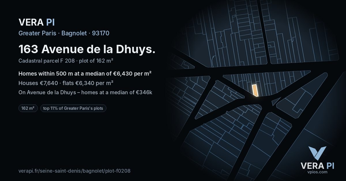 163 Avenue de la Dhuys, Bagnolet at night – the plot lit, the parcels around coloured by the prices near them