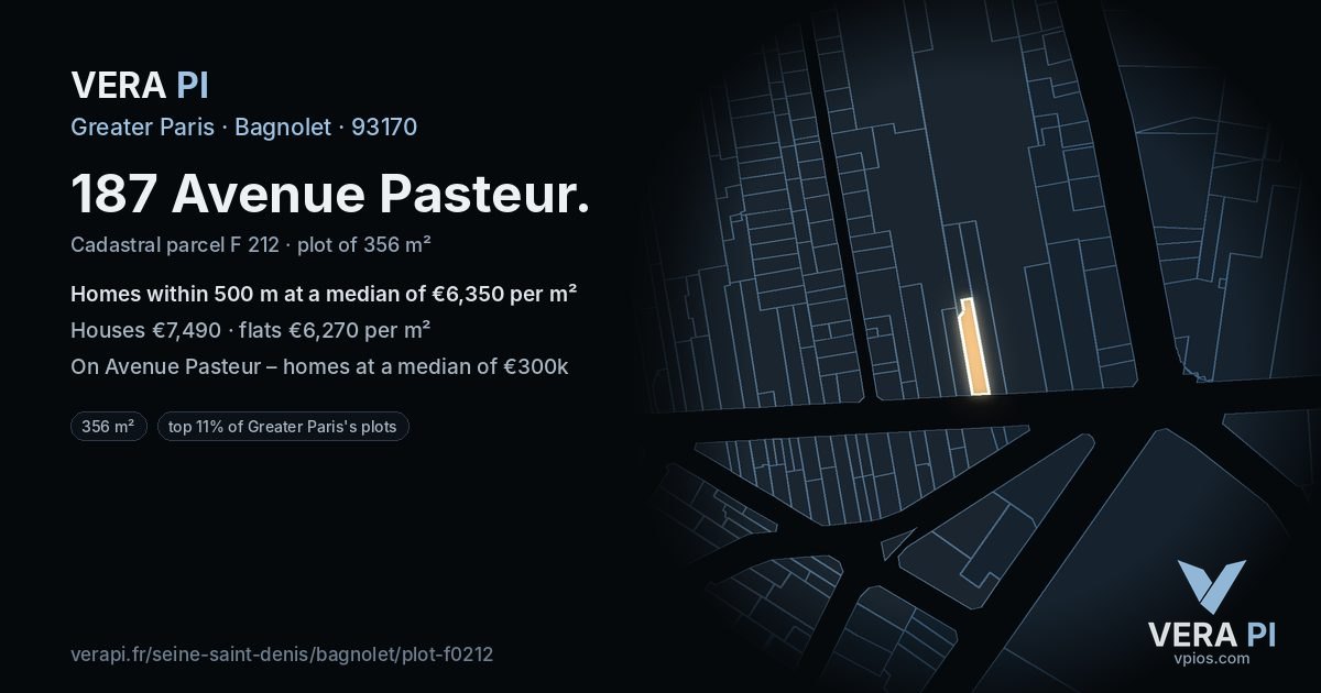 187 Avenue Pasteur, Bagnolet at night – the plot lit, the parcels around coloured by the prices near them