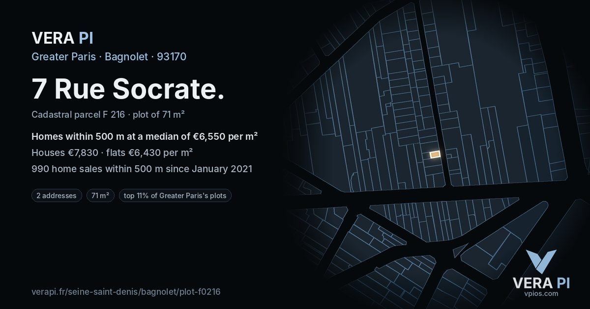 7 Rue Socrate, Bagnolet at night – the plot lit, the parcels around coloured by the prices near them