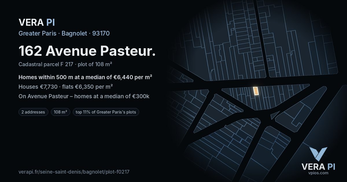 162 Avenue Pasteur, Bagnolet at night – the plot lit, the parcels around coloured by the prices near them