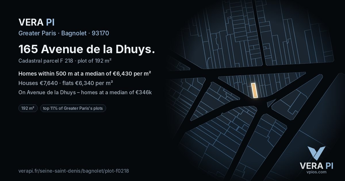 165 Avenue de la Dhuys, Bagnolet at night – the plot lit, the parcels around coloured by the prices near them