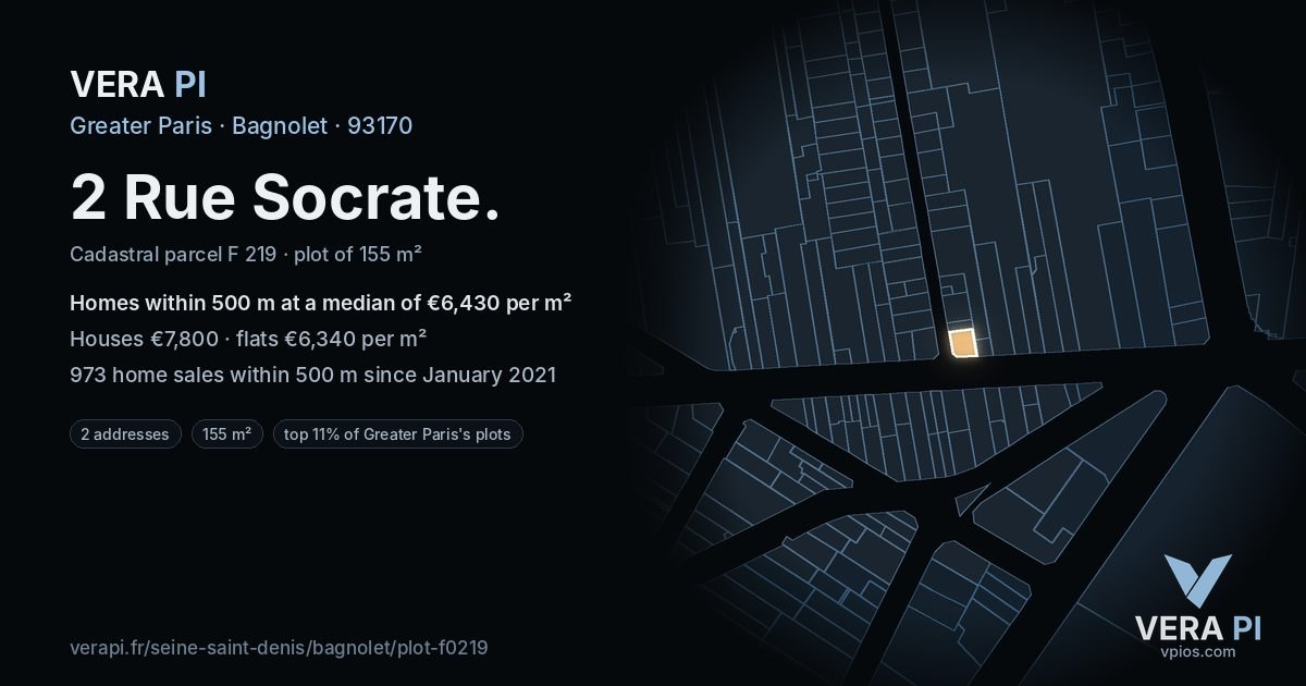 2 Rue Socrate, Bagnolet at night – the plot lit, the parcels around coloured by the prices near them