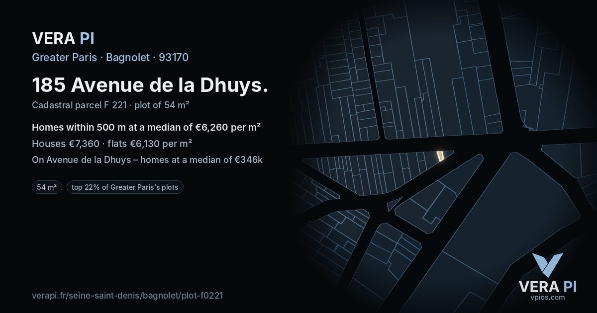 185 Avenue de la Dhuys, Bagnolet at night – the plot lit, the parcels around coloured by the prices near them