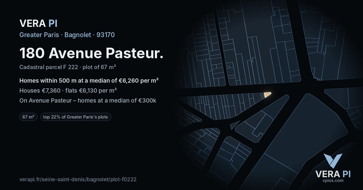 180 Avenue Pasteur, Bagnolet at night – the plot lit, the parcels around coloured by the prices near them