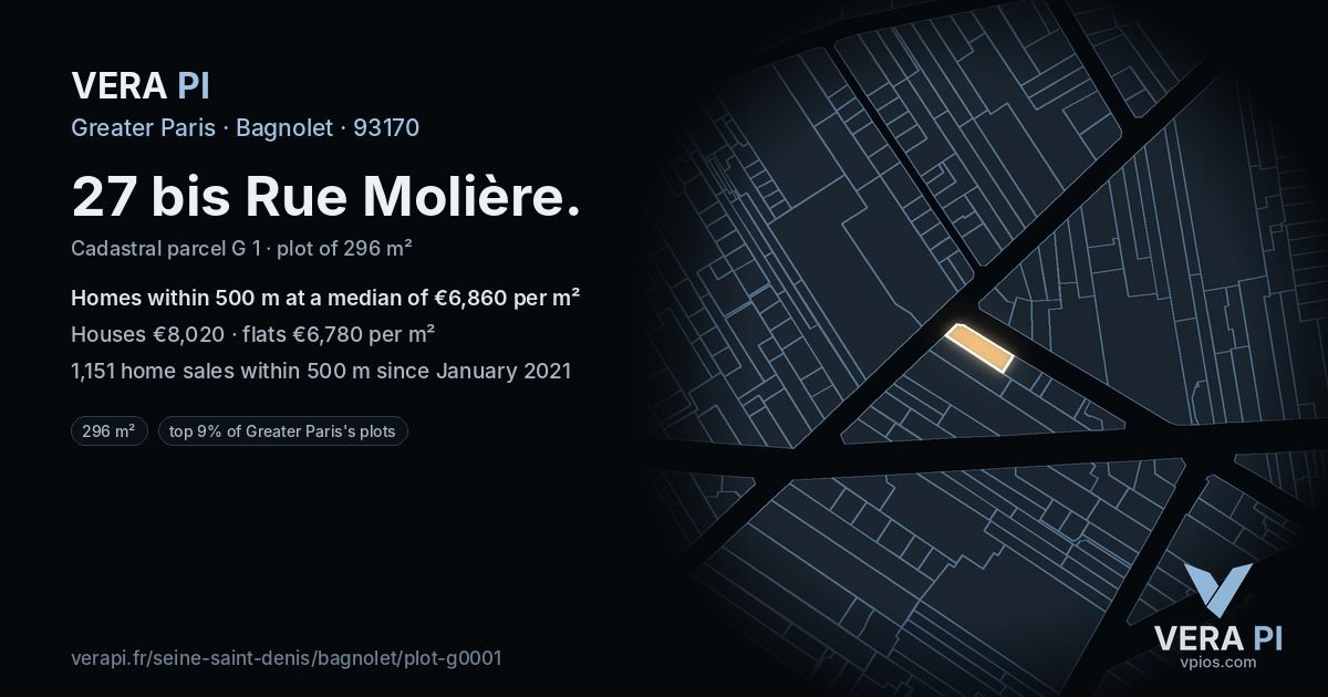 27 bis Rue Molière, Bagnolet at night – the plot lit, the parcels around coloured by the prices near them