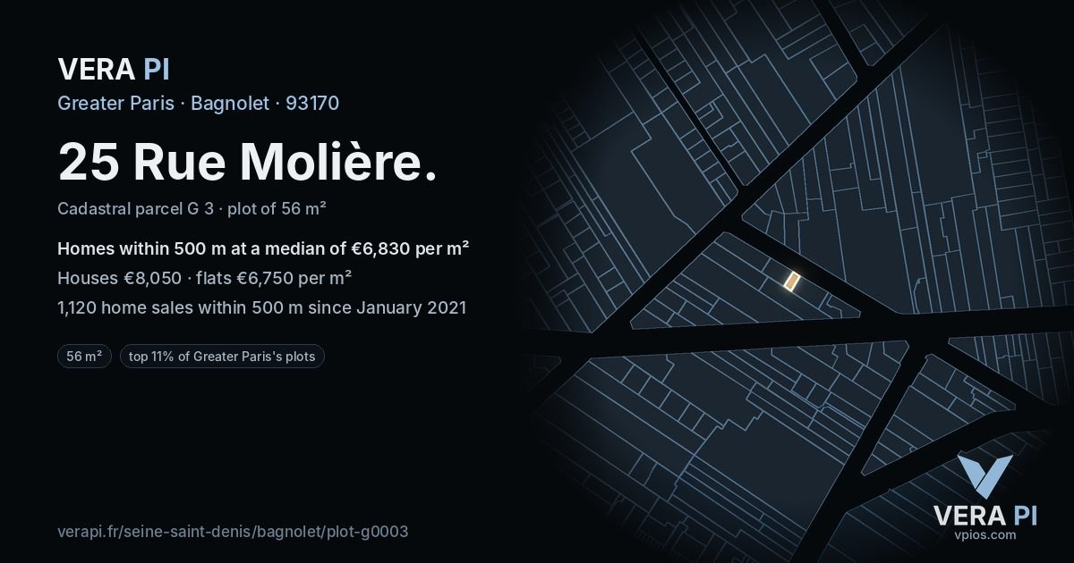 25 Rue Molière, Bagnolet at night – the plot lit, the parcels around coloured by the prices near them
