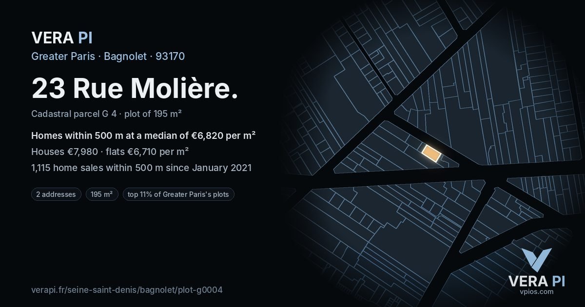 23 Rue Molière, Bagnolet at night – the plot lit, the parcels around coloured by the prices near them