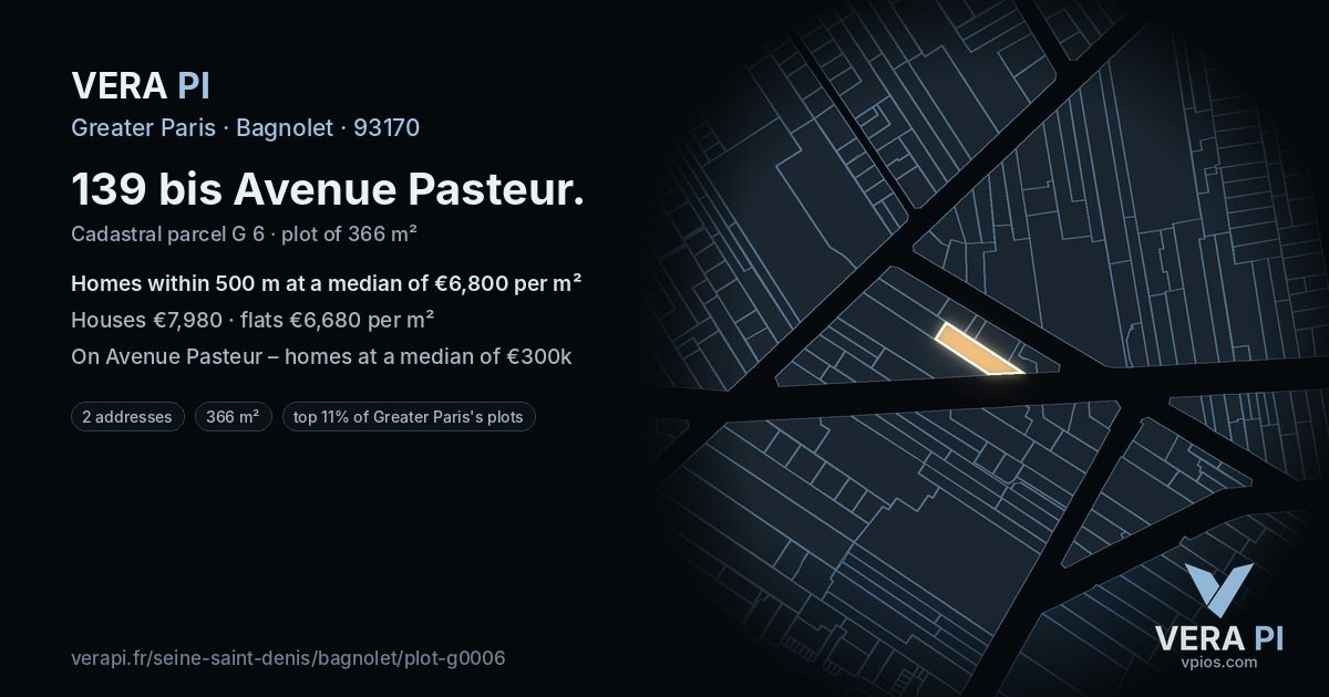 139 bis Avenue Pasteur, Bagnolet at night – the plot lit, the parcels around coloured by the prices near them