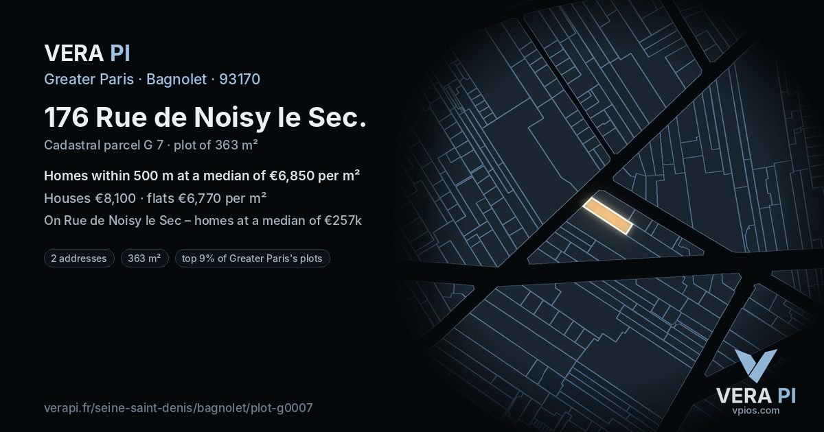 176 Rue de Noisy le Sec, Bagnolet at night – the plot lit, the parcels around coloured by the prices near them