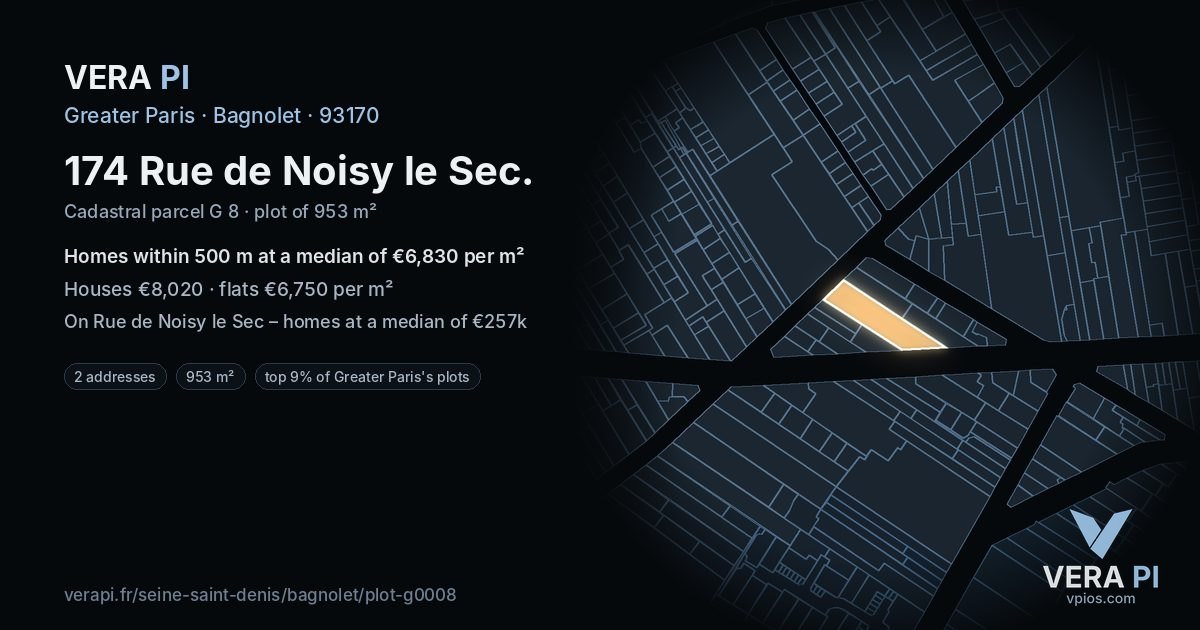 174 Rue de Noisy le Sec, Bagnolet at night – the plot lit, the parcels around coloured by the prices near them
