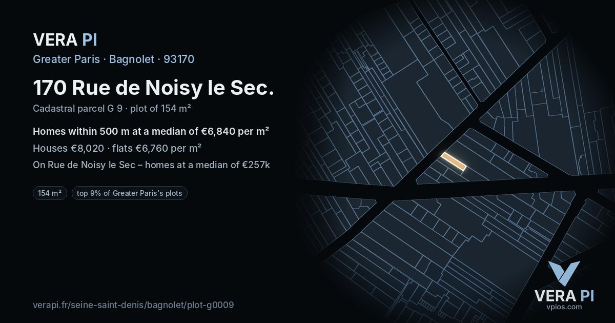 170 Rue de Noisy le Sec, Bagnolet at night – the plot lit, the parcels around coloured by the prices near them